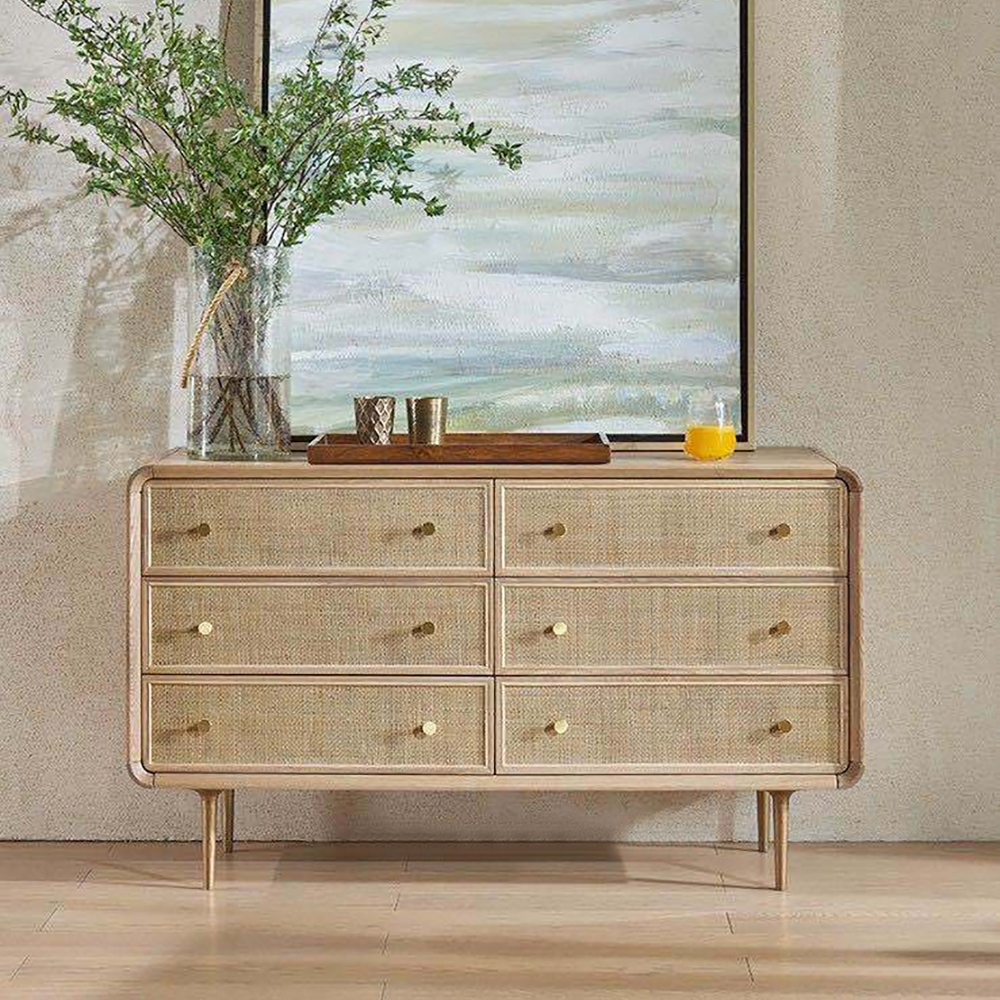 53" Nordic Natural Bedroom Dresser with 6 Drawers Rattan Woven in Gold
