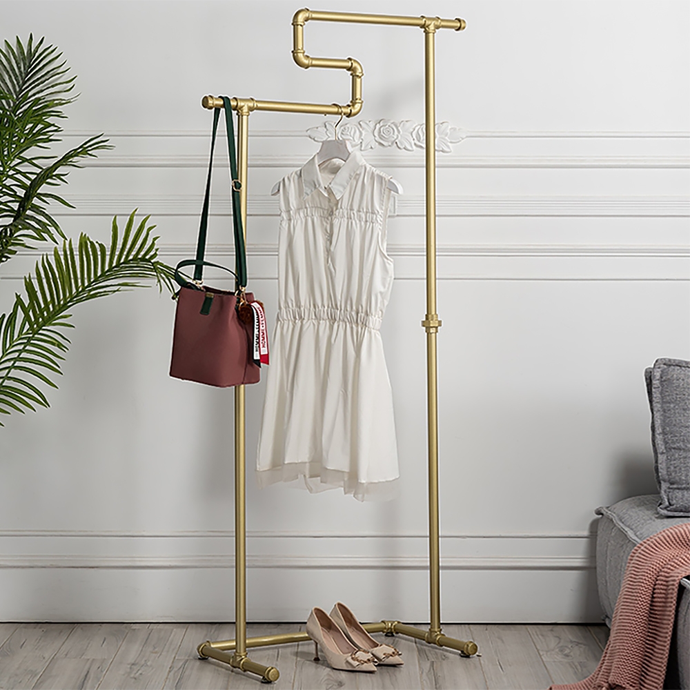 Industrial Pipe Standing Cloth Rack Rail in Metal Gold-Homary