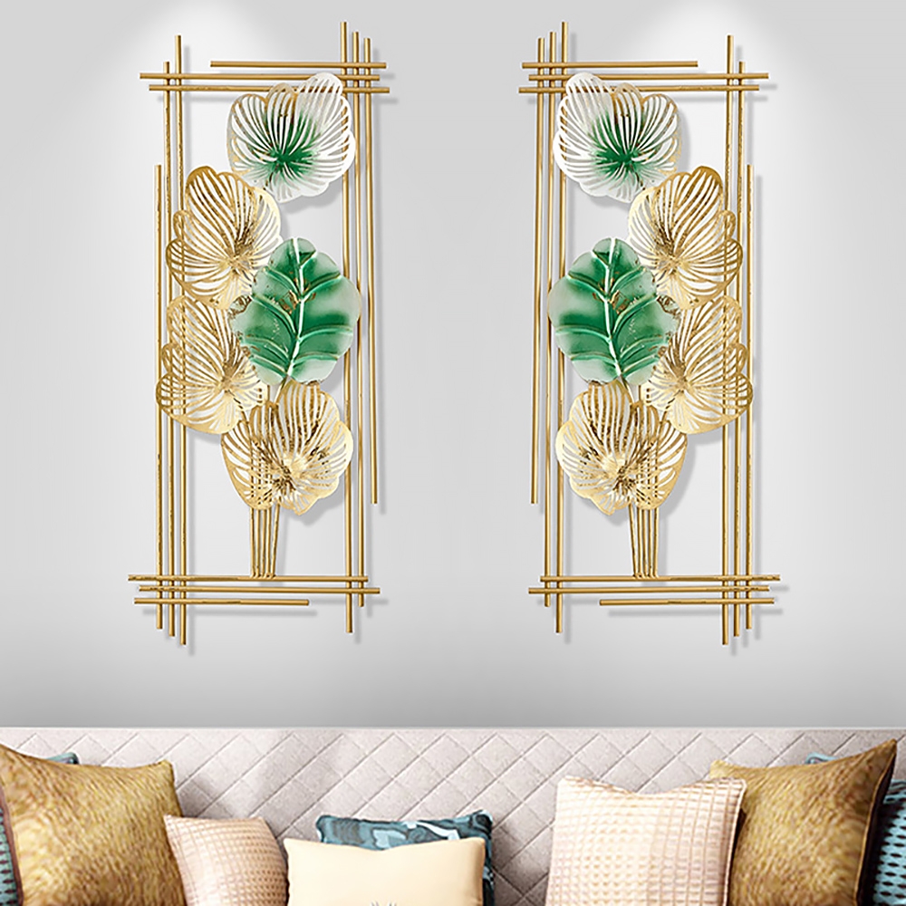 2 Pieces Metal Leaf Framed Wall Decor Gold & Green Rectangle