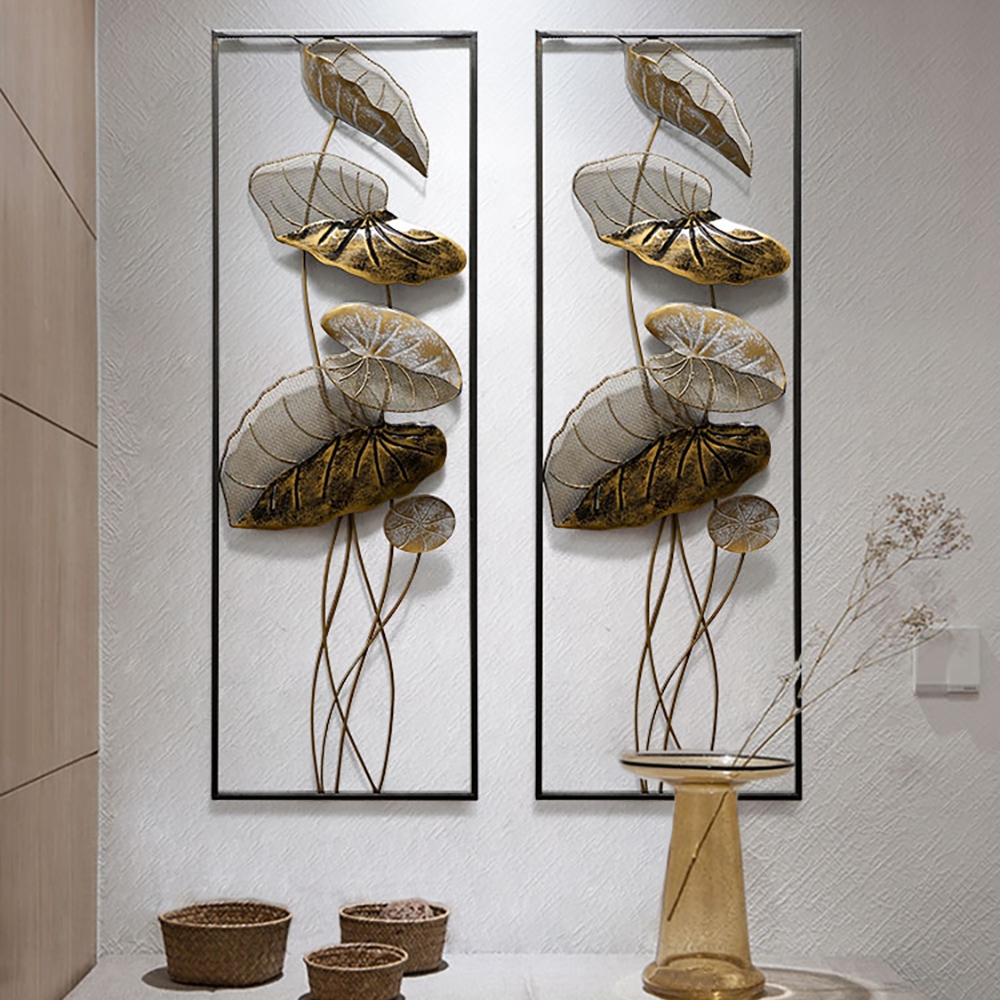 2 Pieces Metal Lotus Leaves Wall Decor Set for Living Room with Black Rectangle Frame