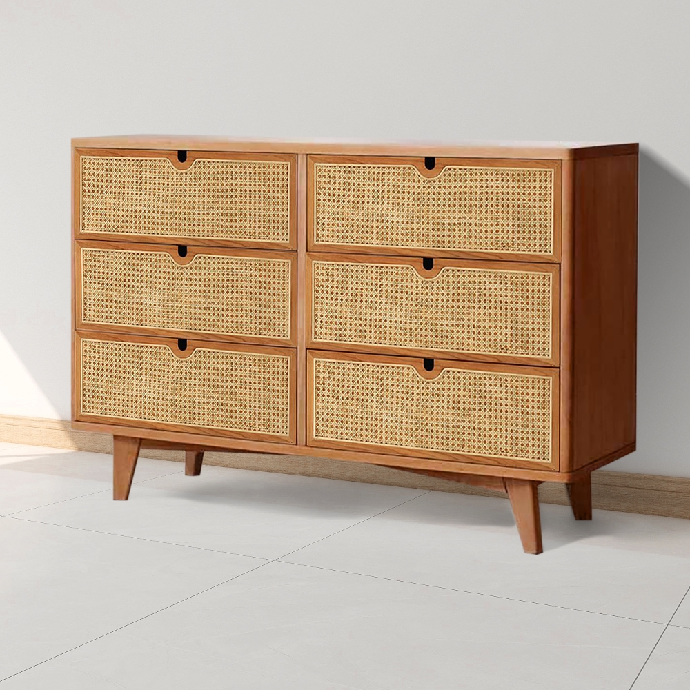 54" Nordic Natural Bedroom Dresser with 6 Drawers Rattan Woven