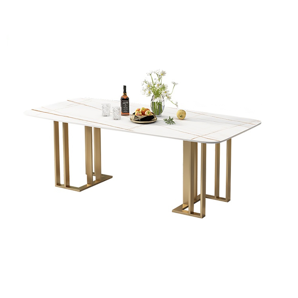 55.1" White Dining Table with Rectangular Stone Top & Metal Frame