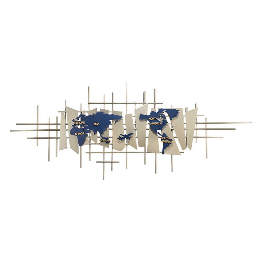3D European Style World Map Metal Wall Decor Art in Blue & Gold