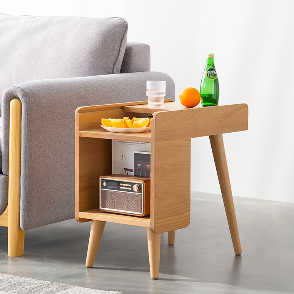 Natural End Table with Shelves Wooden Side Table