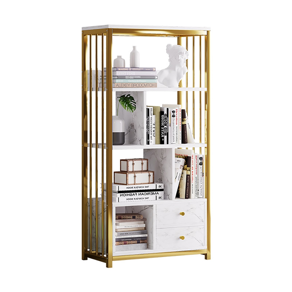 Modern White Bookshelf Metal Etagere Bookcase with 2 Drawers in White & Gold