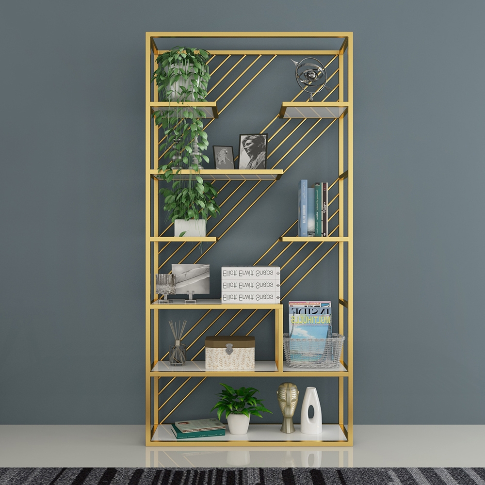 

70" Contemporary Etagere Bookshelf in Gold & White