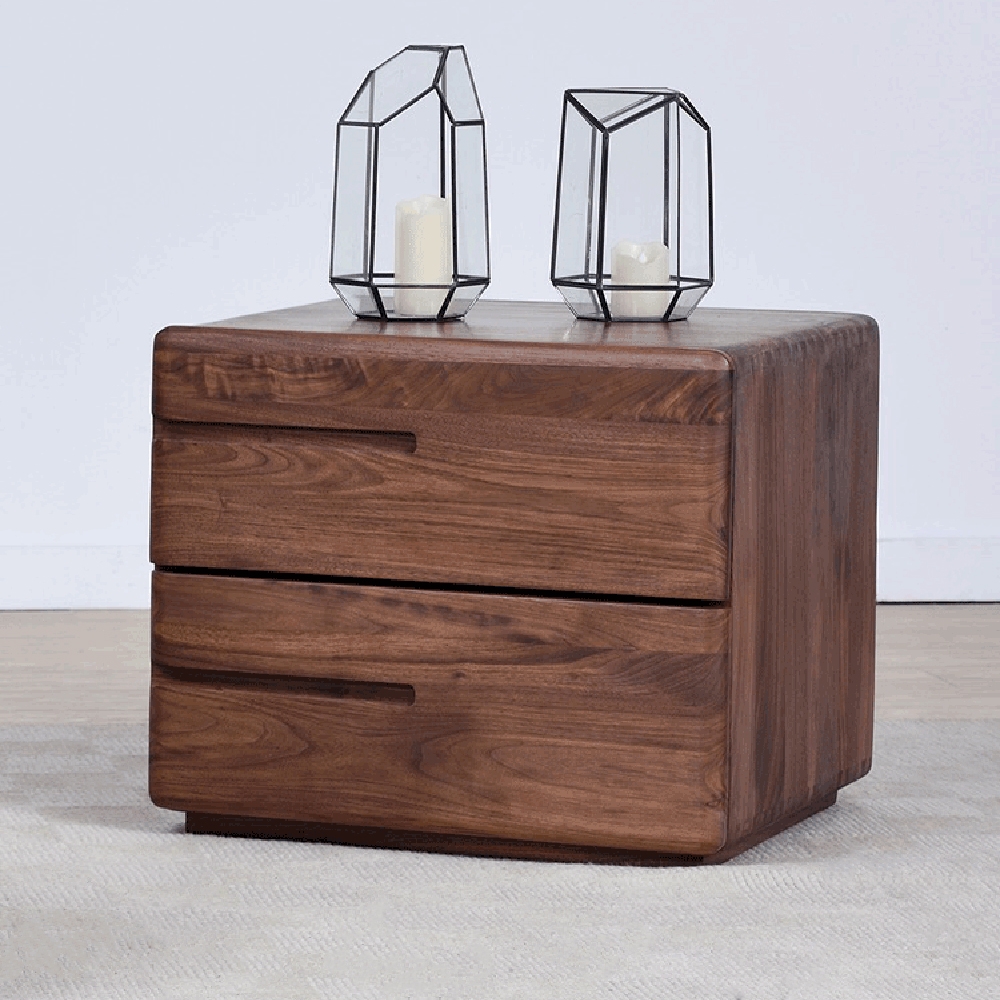 Nordischer minimalistischer Nachttisch aus Massivholz mit 2 Schubladen in Walnuss