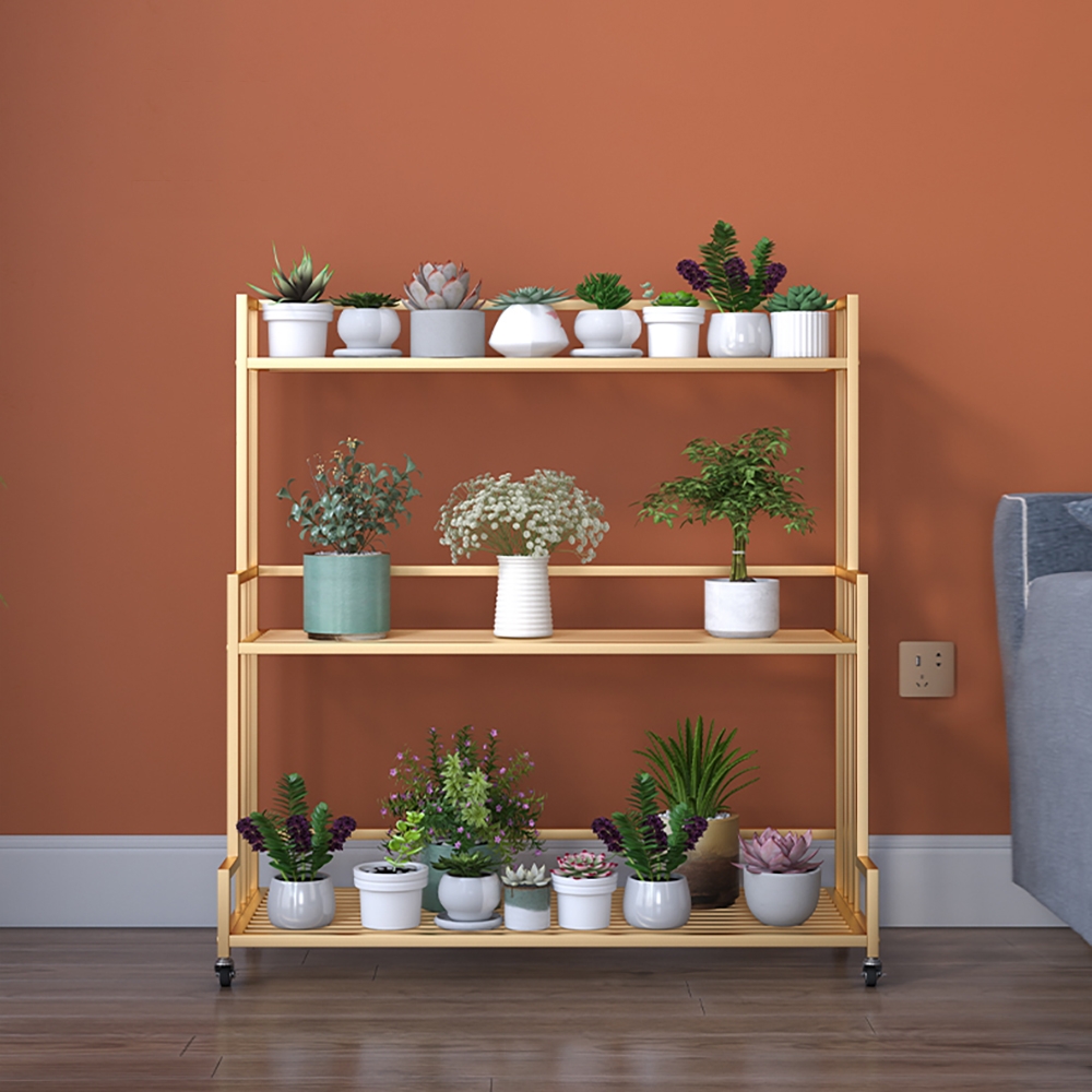 

3-Tiered Freestanding Rectangular Plant Stand in Gold with Caster