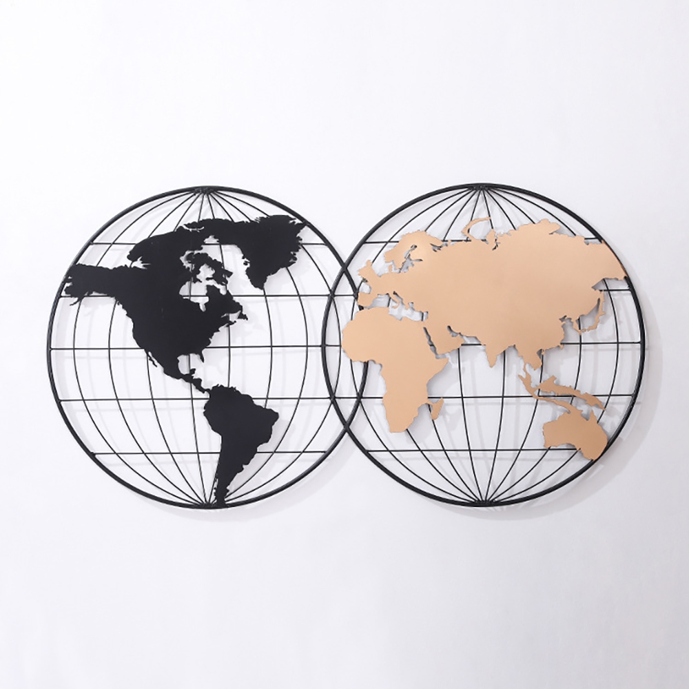 Modern Geometry Metal Round Frame Black & Rose Gold World Map Wall Decor