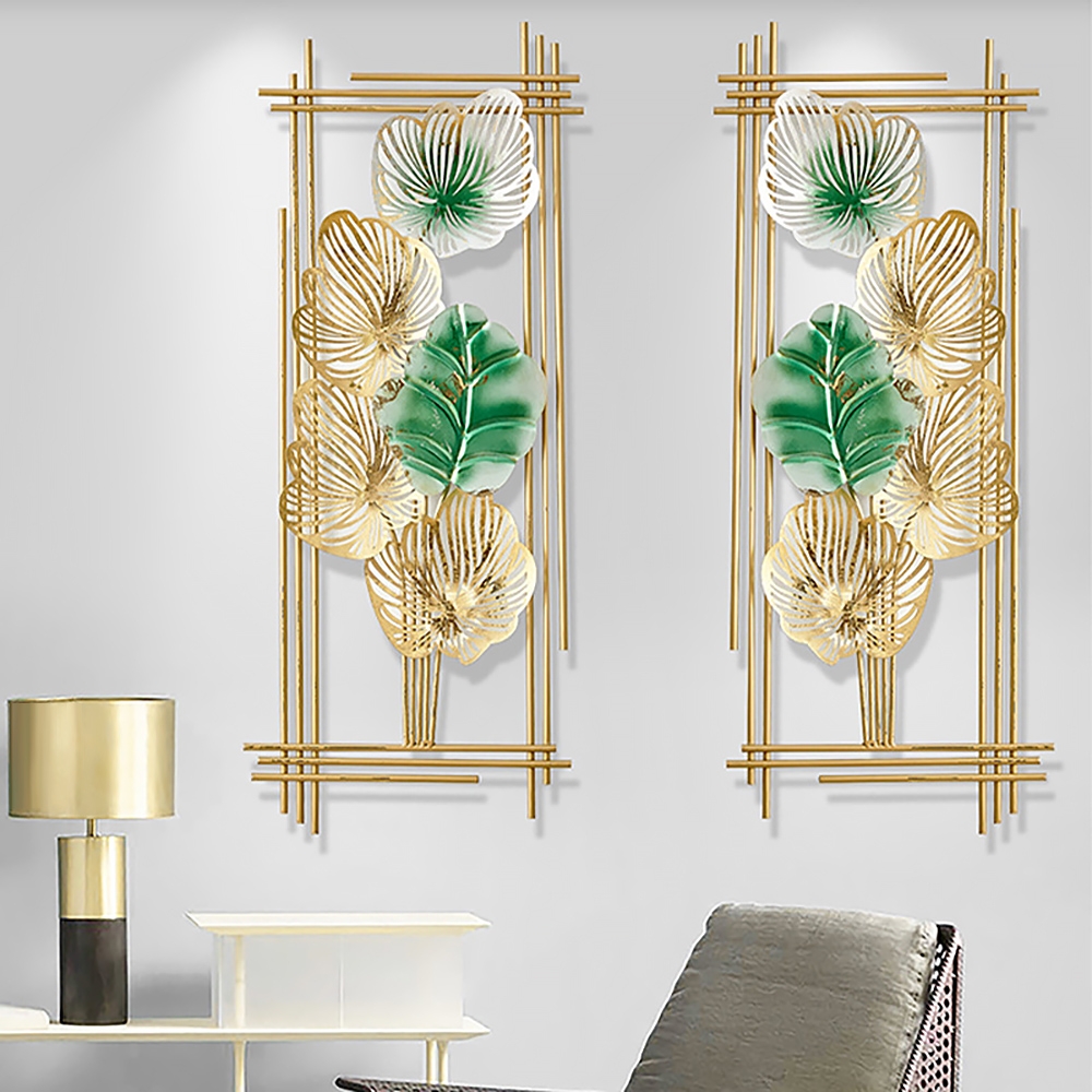 Image of 2 Pieces Metal Leaf Framed Wall Decor Gold & Green Rectangle