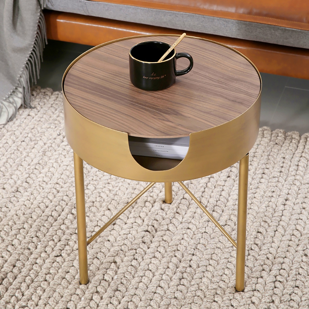 Modern Gold Round End Table with Storage Metal Side Table
