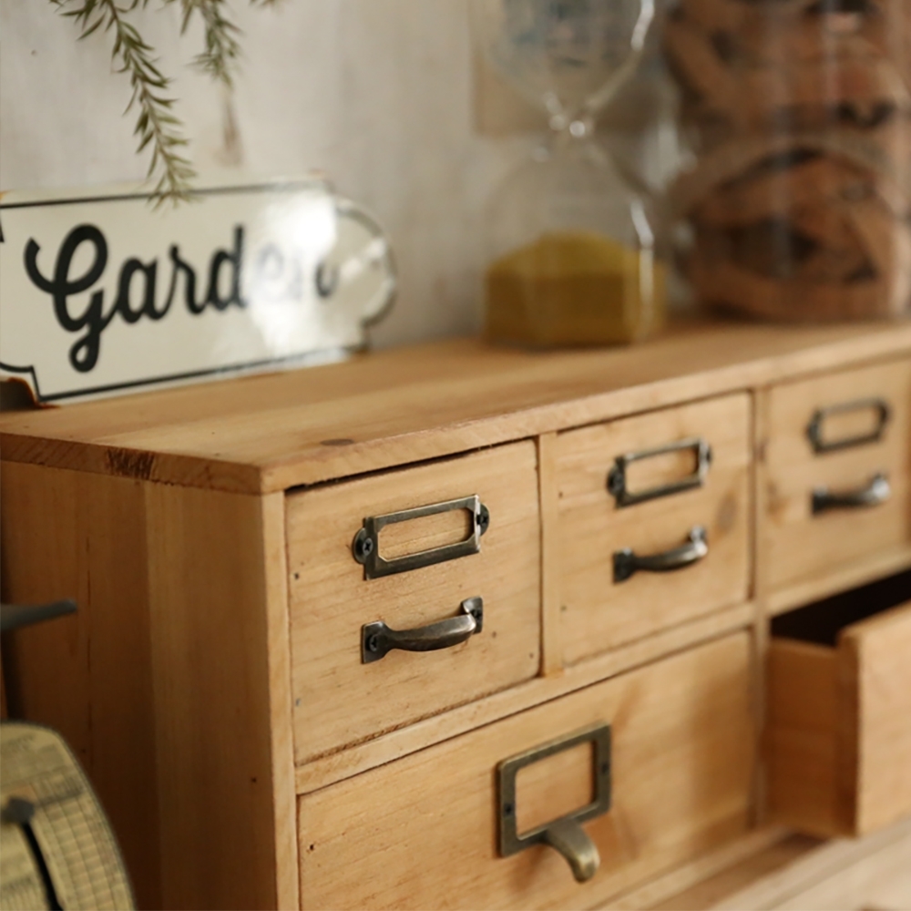 Rustic Wooden Desk Organizer Drawers Set with Metal Holder