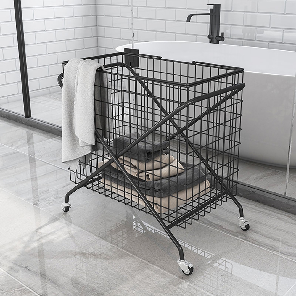 Collapsible Black Laundry Basket Metal Laundry Hamper on Wheels