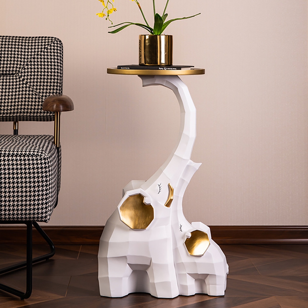 White & Gold End Table with Tray Top Decor Elephant Shape Side Table