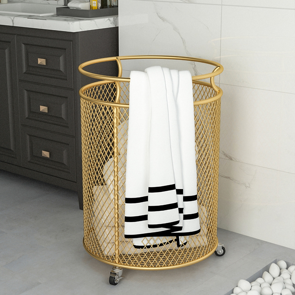 13.8" Modern Round Metal Laundry Basket On Wheels In Gold