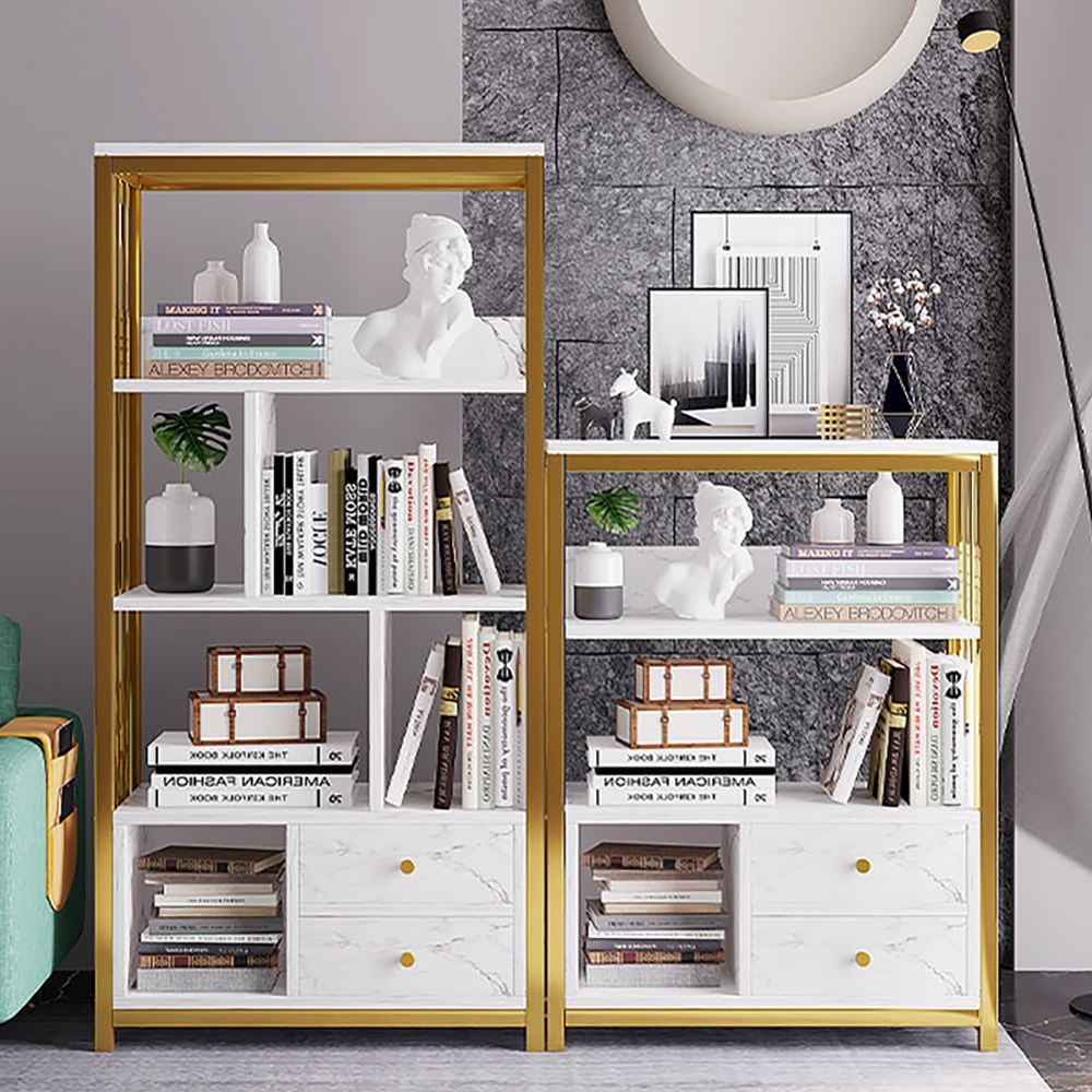 Modern White Bookshelf  Wood Book Shelf with 2 Drawers in Gold Metal Frame