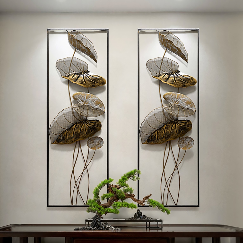 2 Pieces Metal Lotus Leaves Wall Decor Set for Living Room with Black Rectangle Frame
