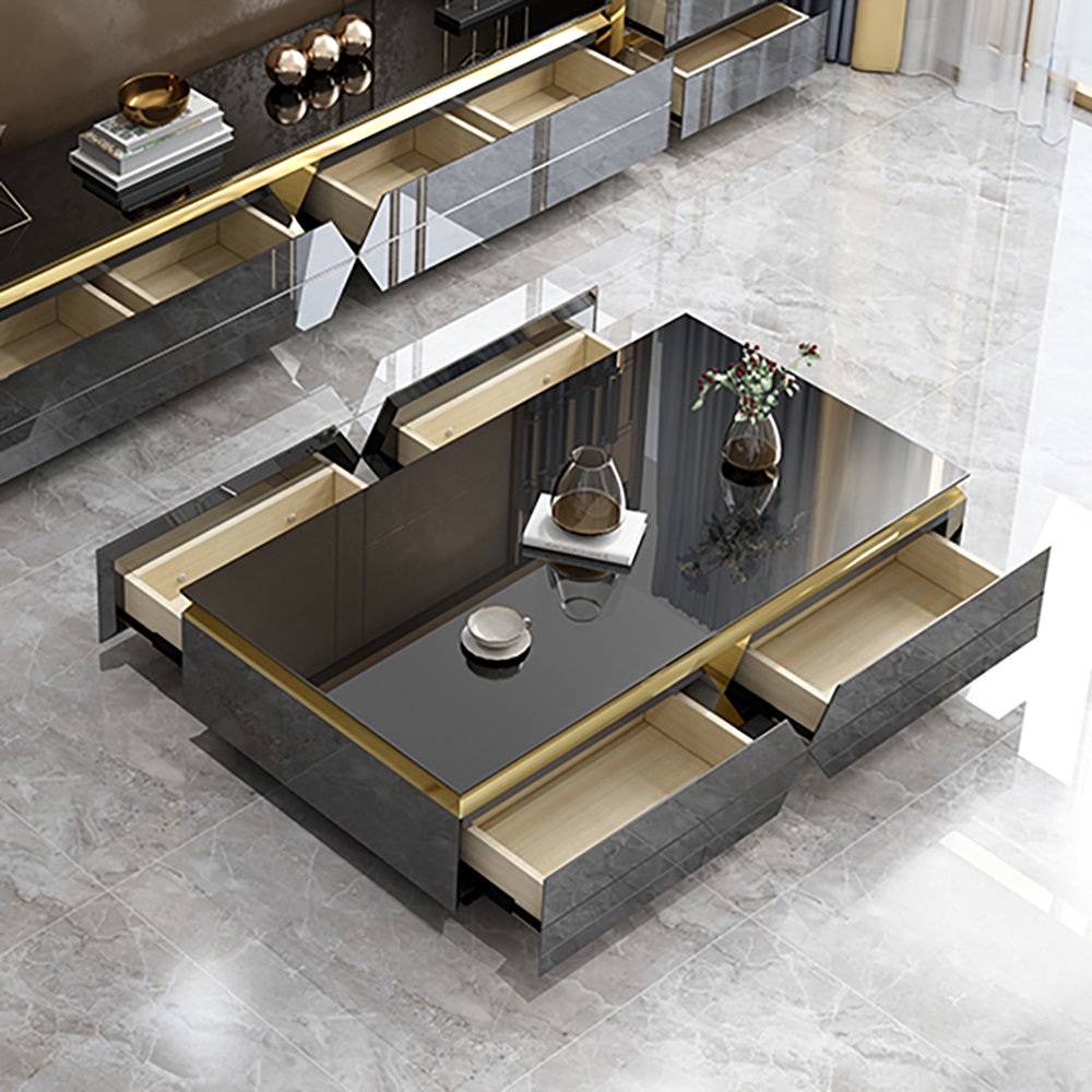 

Black Coffee Table with Drawers Tempered Glass Top & Solid Wood Frame