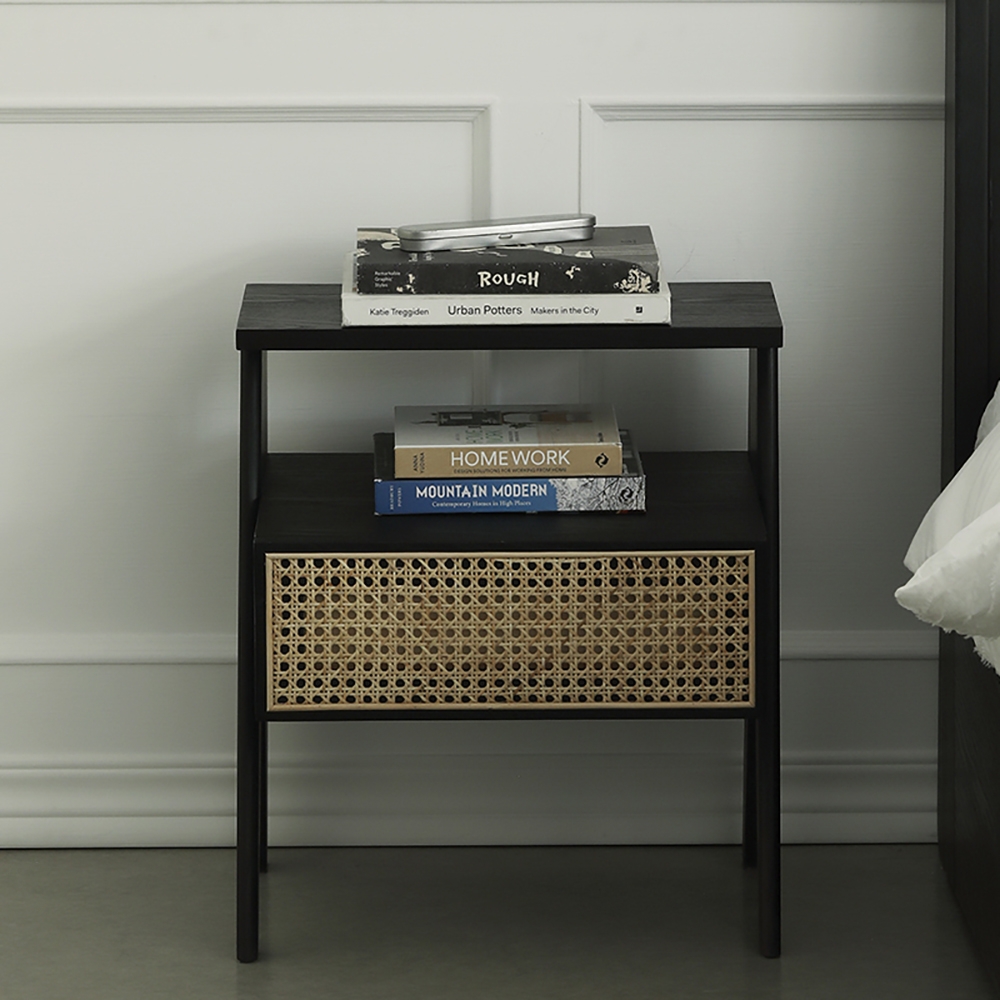 

Nordic Black Nightstand 1-Drawer Bedside Table Rattan Woven