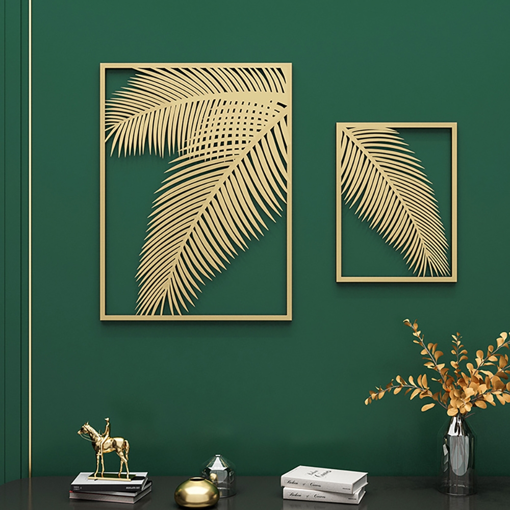 Image of 2 Pieces Metal Wall Decor Rectangular Palm Leaf Home Art Set in Gold
