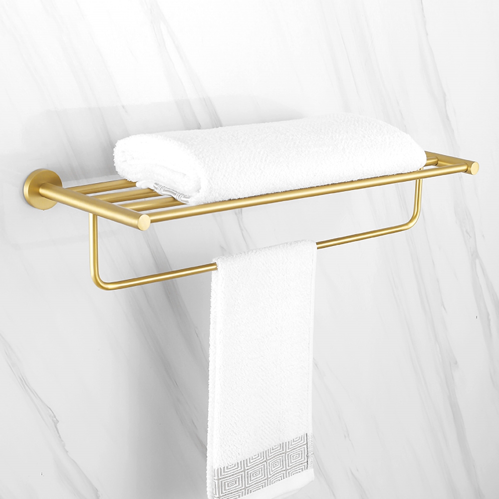 24" Wall Mounted Brass Bathroom Shelf With Towel Rack In Brushed Gold