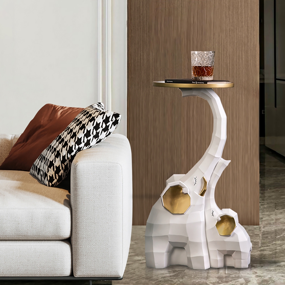 White & Gold End Table with Tray Top Decor Elephant Shape Side Table