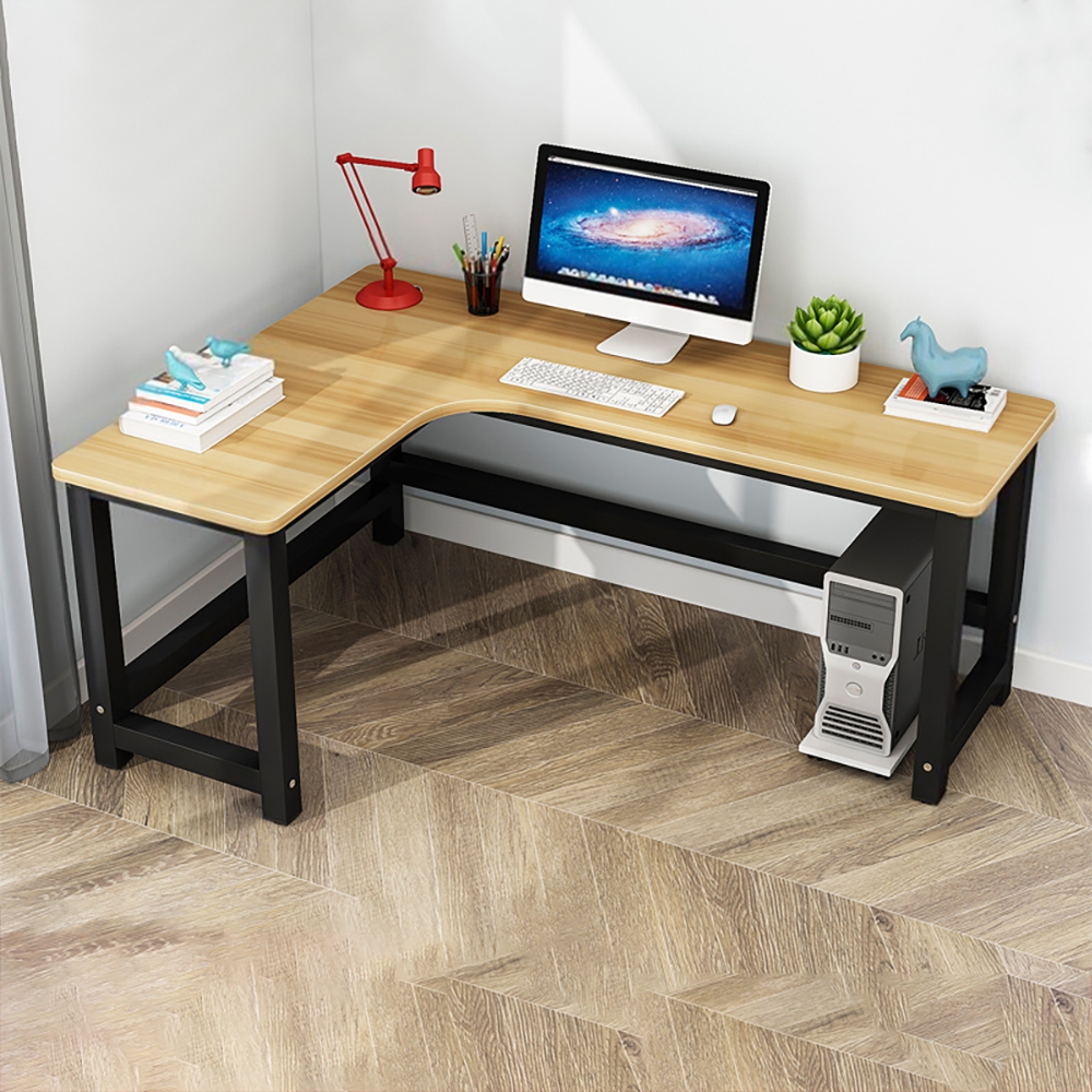 Natural LShaped Writing Desk with Wooden Top & Metal Frame DeskHomary