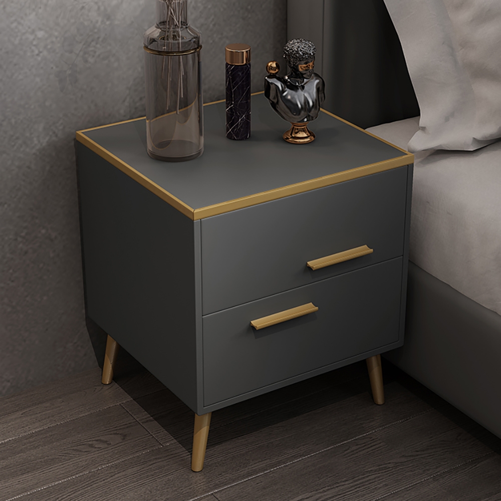 Postmodernism Grey Nightstand PU Leather Upholstered with 2 Drawers in Gold
