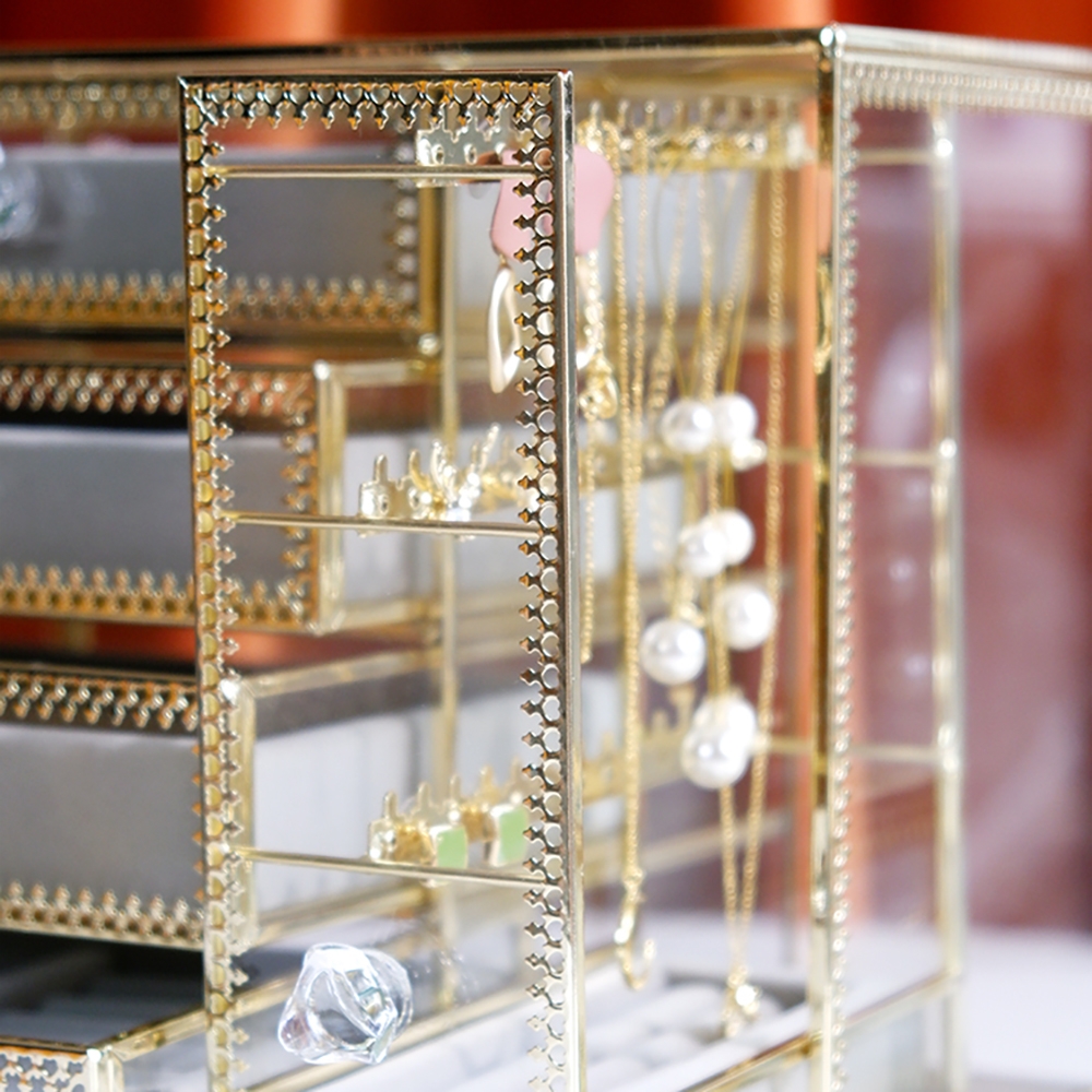 Modern Luxury Glass Jewelry Box Desk Organizer with Drawers
