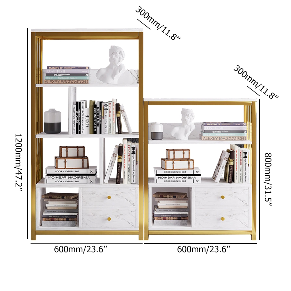 Modern White Bookshelf Metal Etagere Bookcase with 2 Drawers in White & Gold