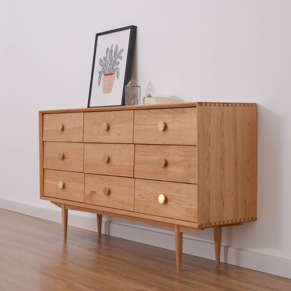 63" Natural Bedroom Dresser with 9 Drawers Brass Knobs in Gold