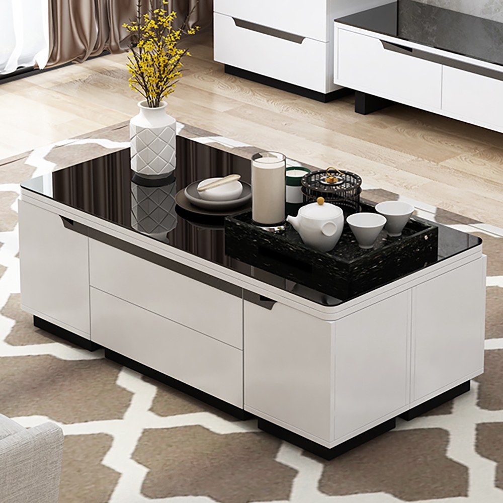 Modern White Lift Top Coffee Table with Drawers & Storage Multifunction Table