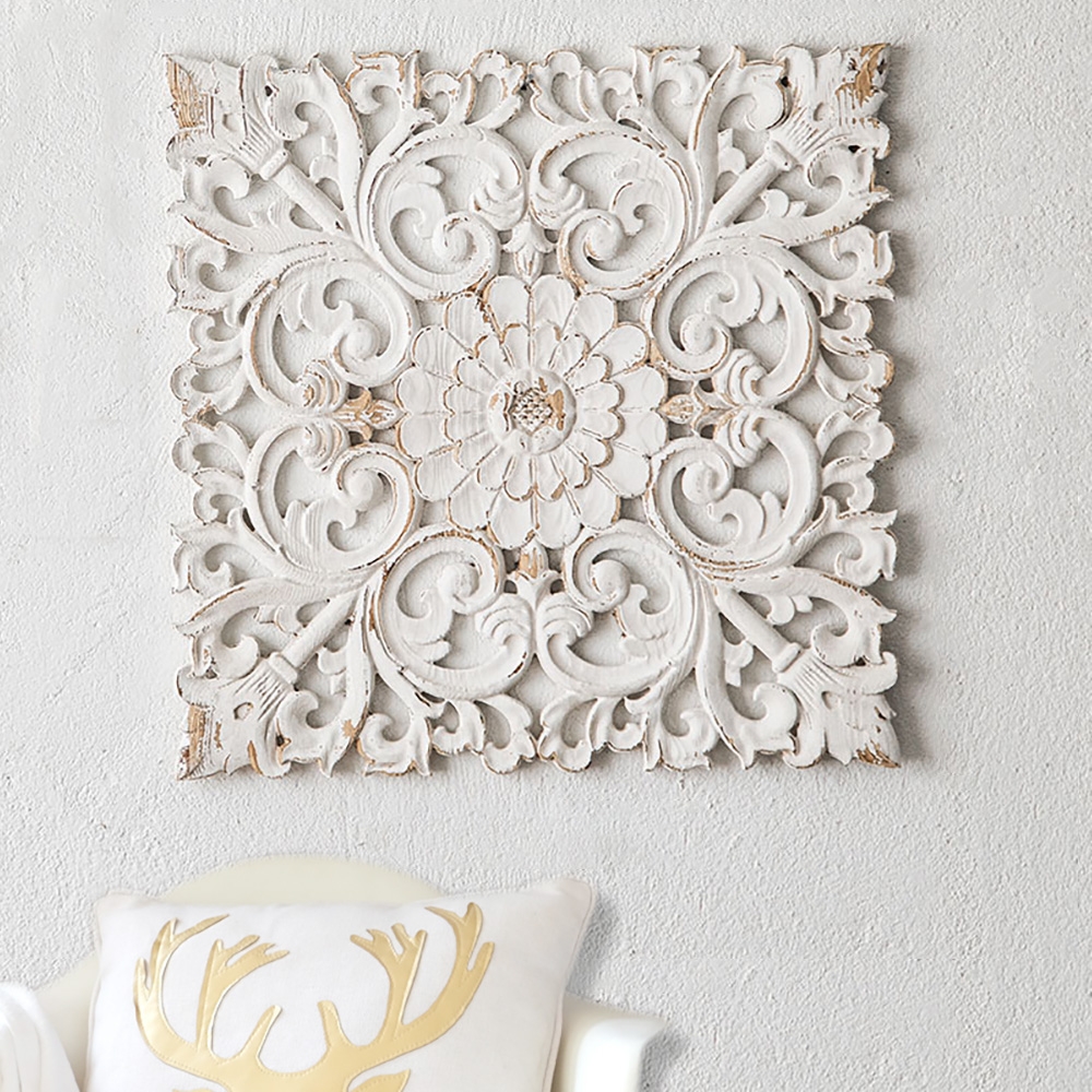 Farmhouse Square Wood Wall Decor Distressed White Carved Flower