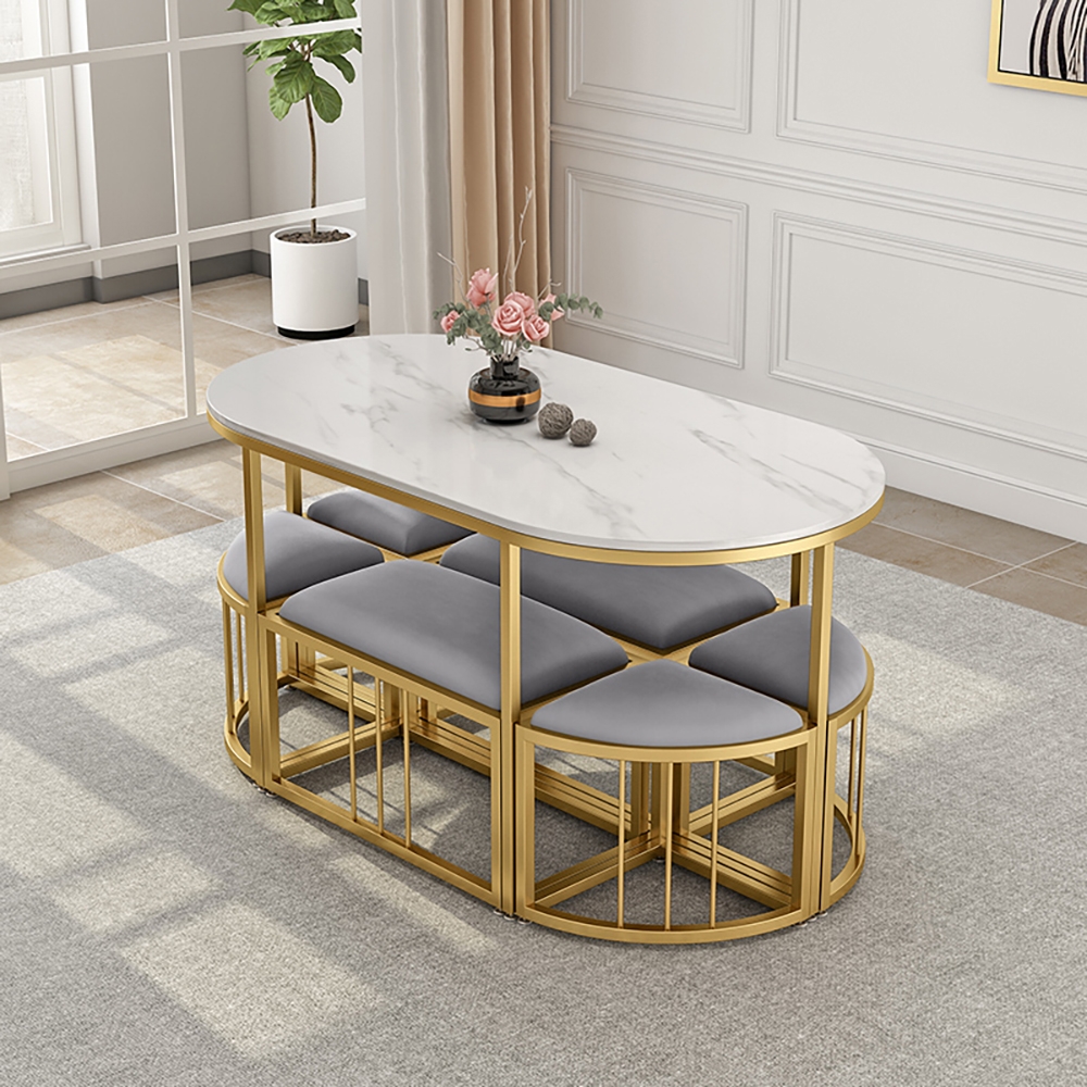 Modern White Oval Dining Table with Stools Sintered Stone Top & Metal