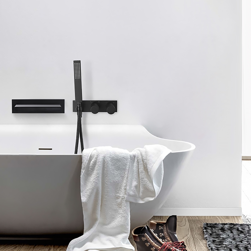 

Sleek Wall Mounted Waterfall Bathtub Faucet with Handshower in Matte Black