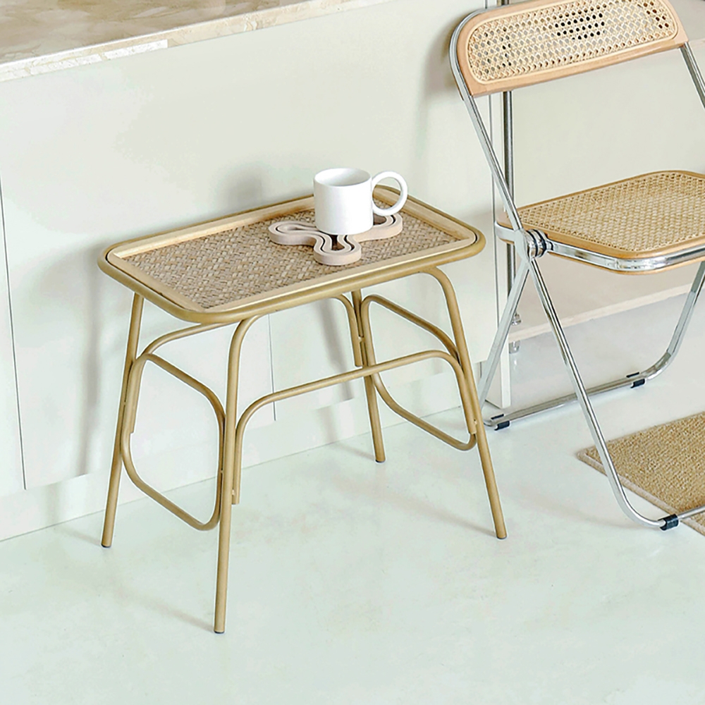 Rattan End Table Gold Metal Frame Side Table Living Room Furniture