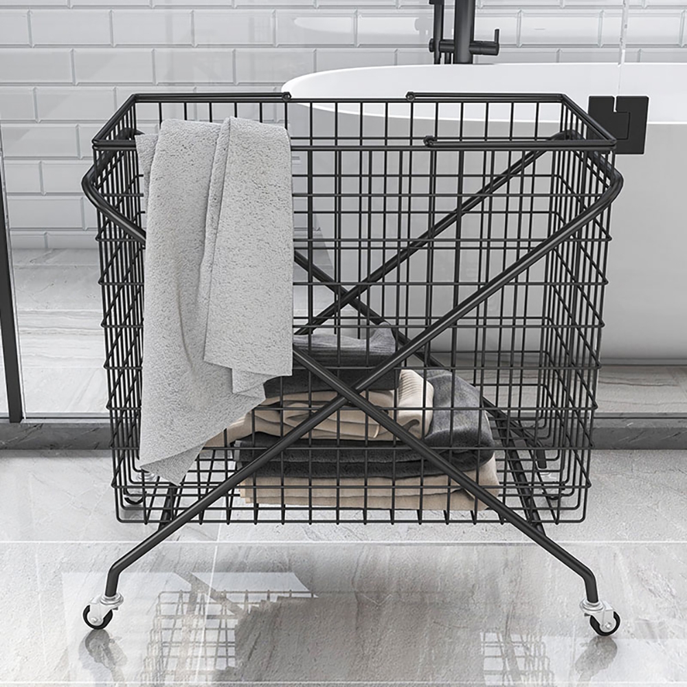 Image of Collapsible Black Laundry Basket Metal Laundry Hamper on Wheels