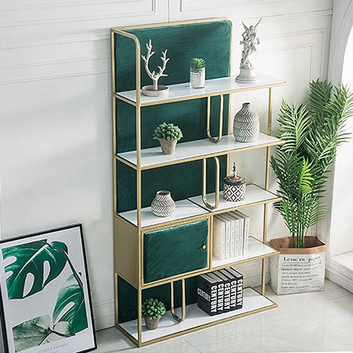 5Tiers Freestanding Gold Bookshelf with Door in GreenHomary