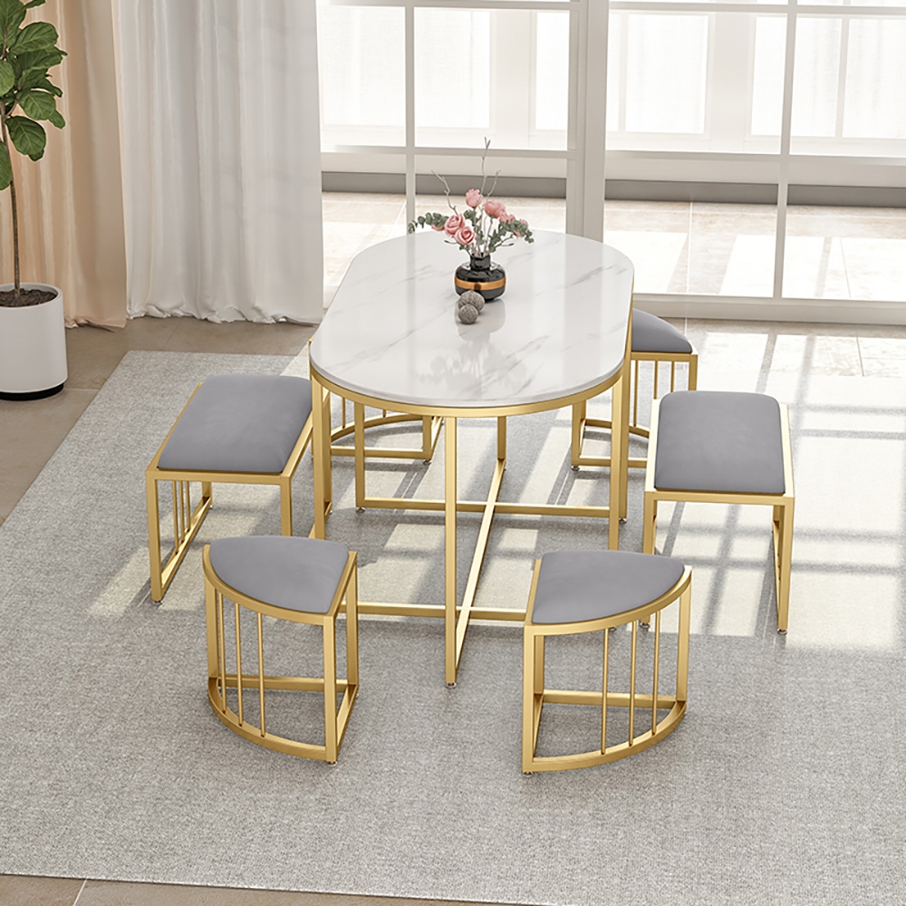 Modern White Oval Dining Table with Stools Sintered Stone Top & Metal
