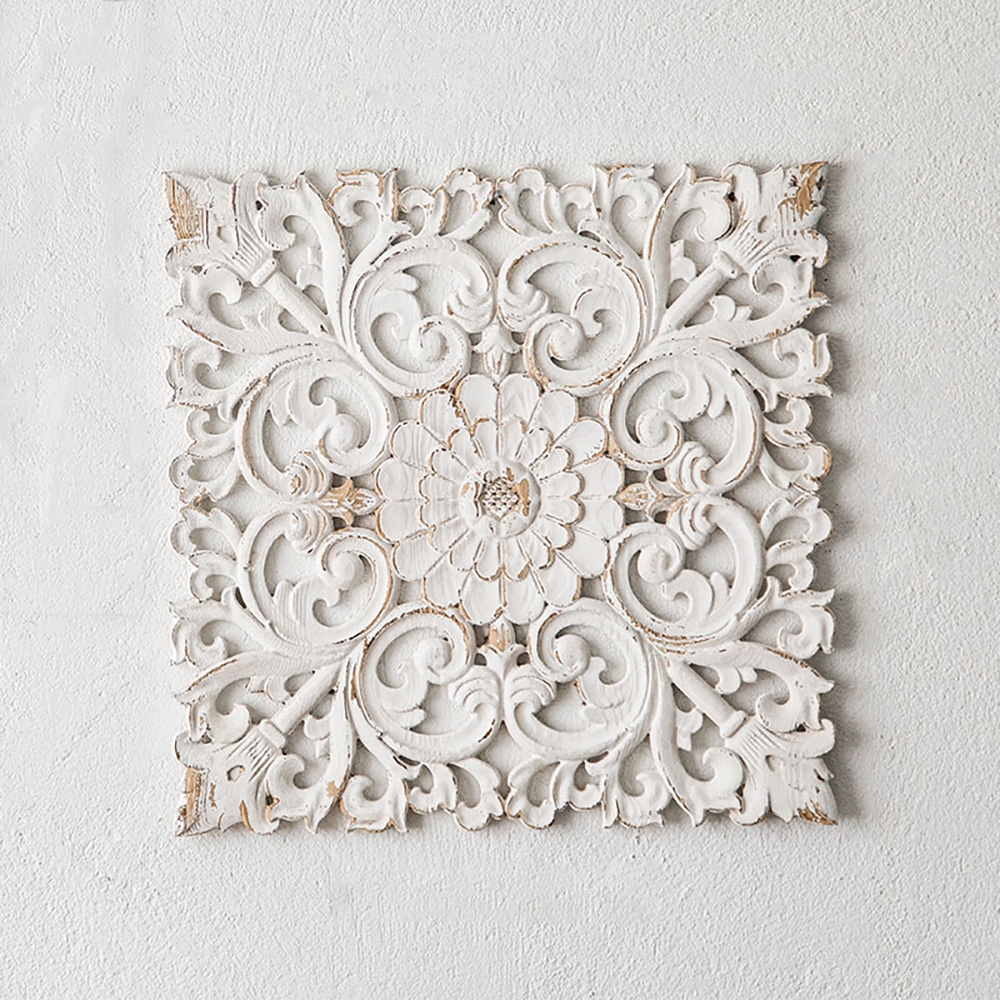 Image of Farmhouse Square Wood Wall Decor Distressed White Carved Flower
