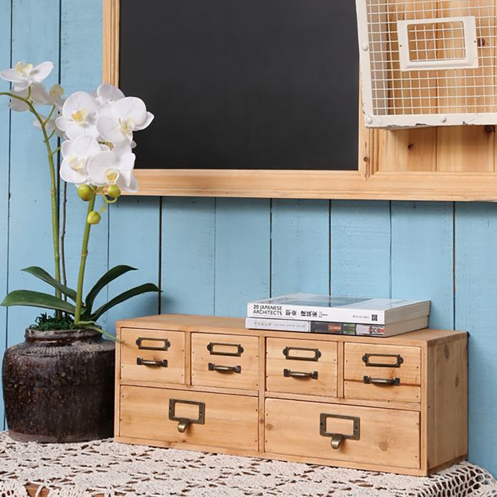 Rustic wooden desk organizer drawers set with metal holder