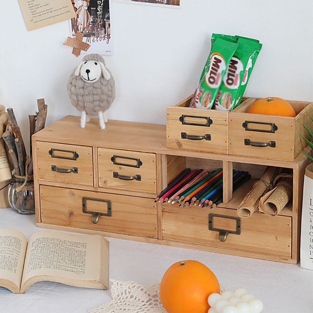 Rustic Wooden Desk Organizer Drawers Set with Metal Holder