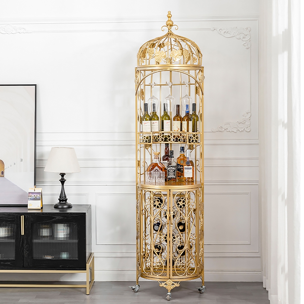 

Modern Cage-Shaped Metal Standing Wine Rack in Gold with Casters