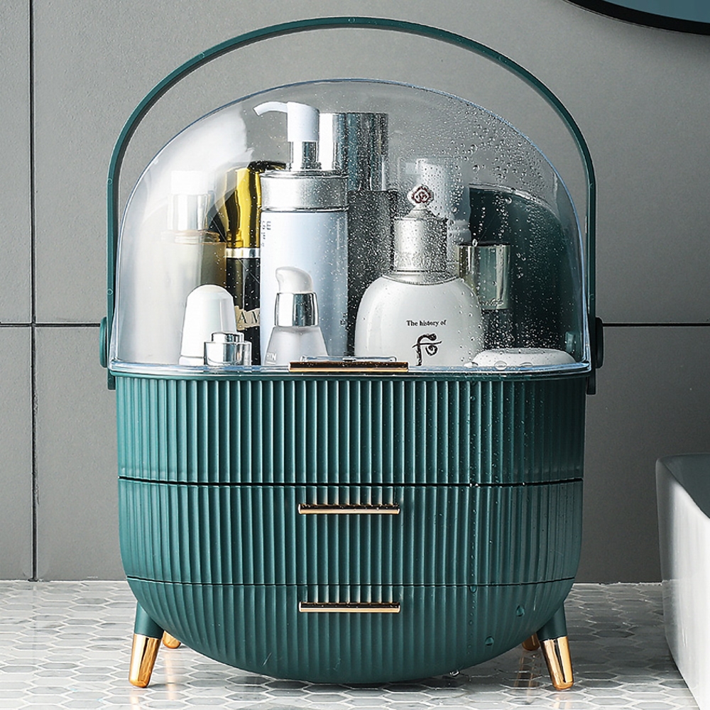 

Modern Cosmetic Desk Organizer with Lid for Bathroom Countertop Dark Green