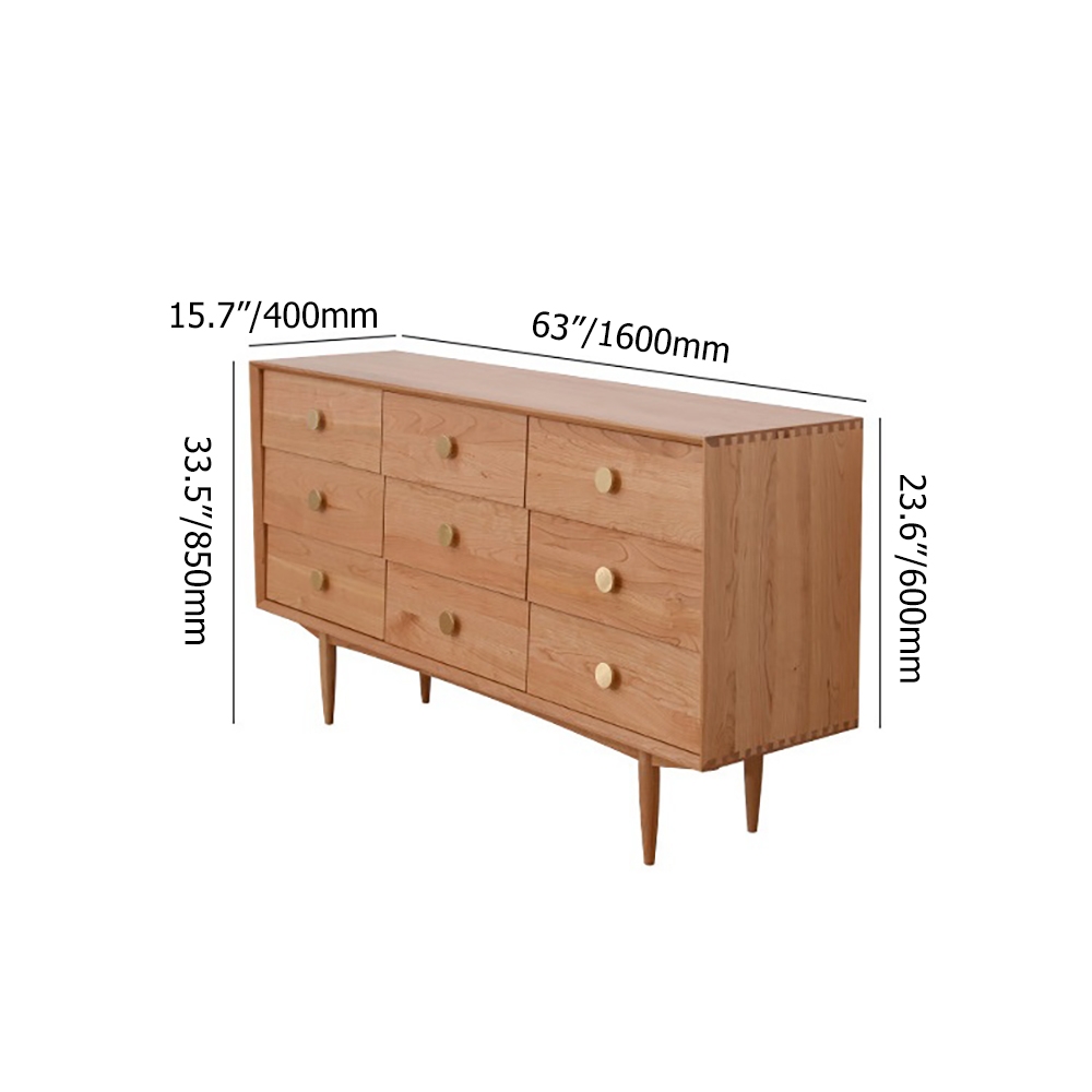 1600mm Natural Bedroom Dresser with 9 Drawers Wooden Chest of Drawers with Gold Knobs