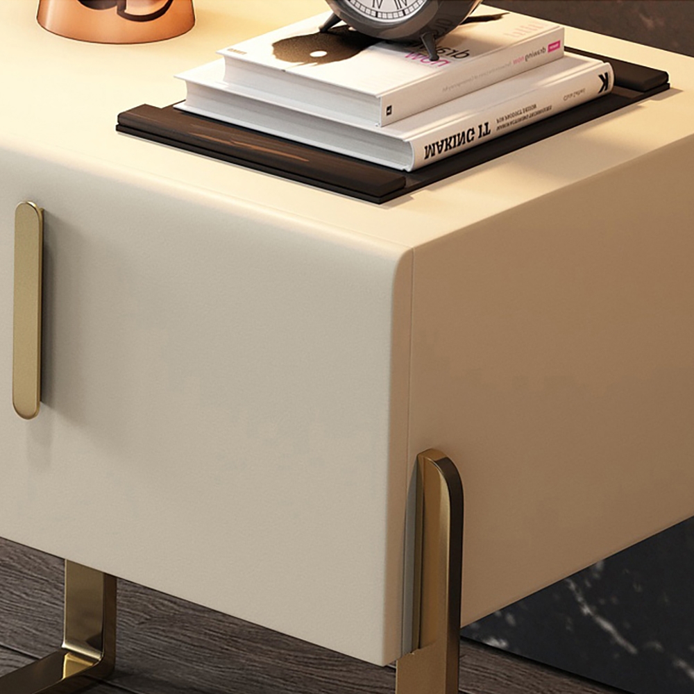 Modern Nightstand Off White Leather Upholstery 1-Drawer Bedside Table