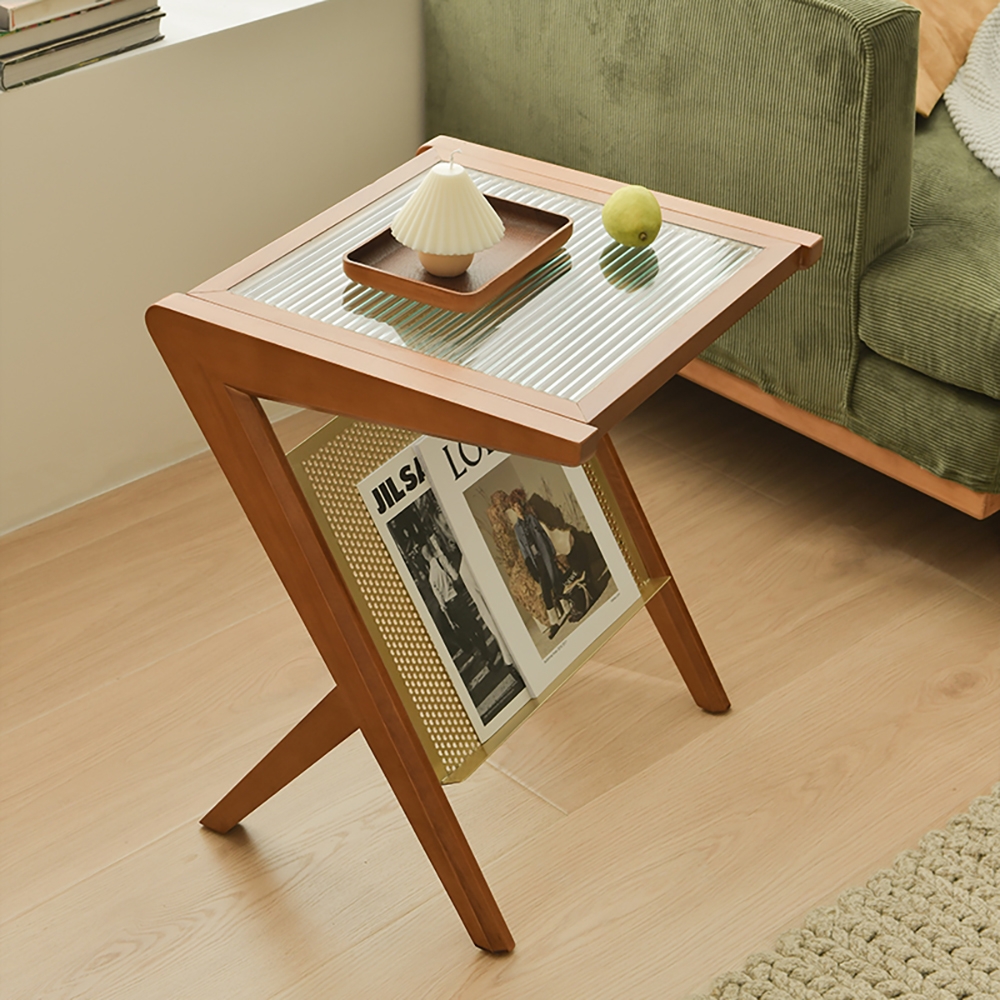 

Natural End Table with Glass Top Wooden Frame Side Table