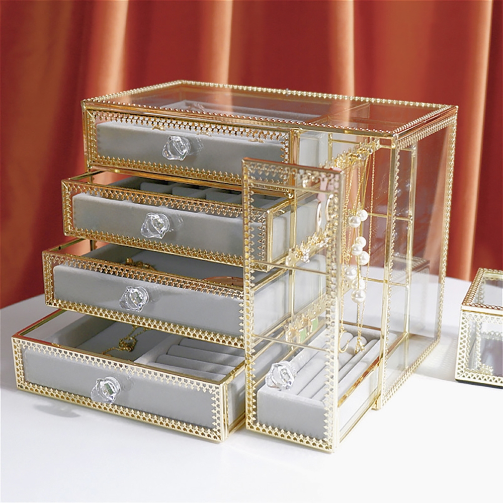 

Modern Luxury Glass Jewelry Box Desk Organizer with Drawers