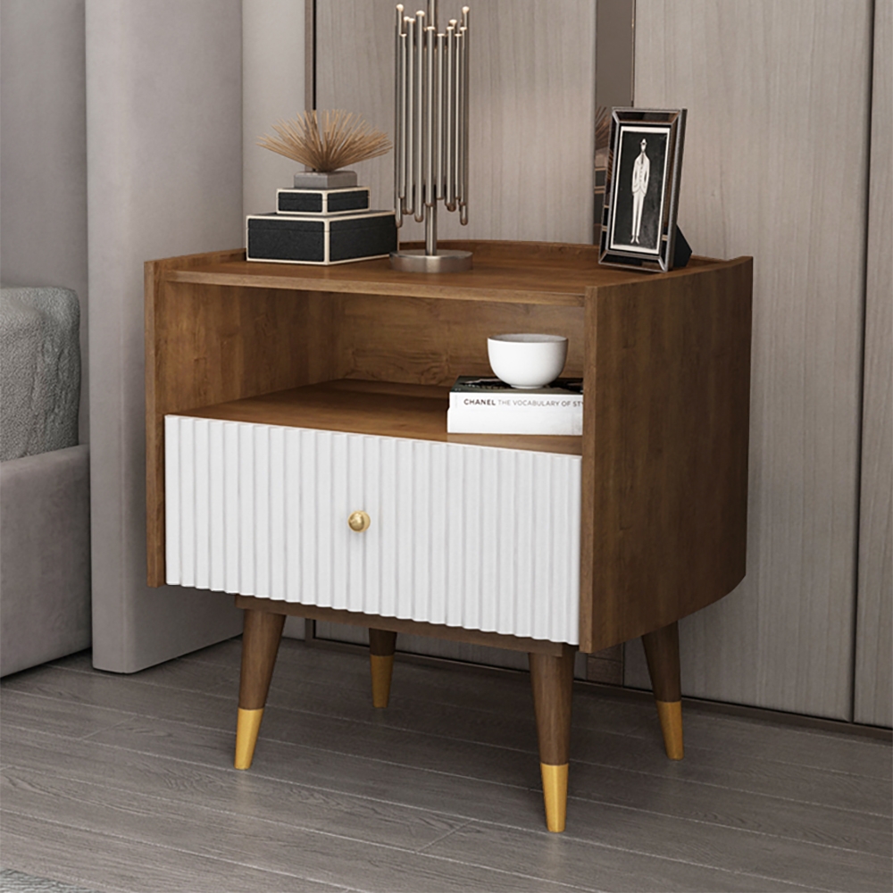 

Contemporary Walnut Nightstand 1-Drawer Bedside Table in Gold