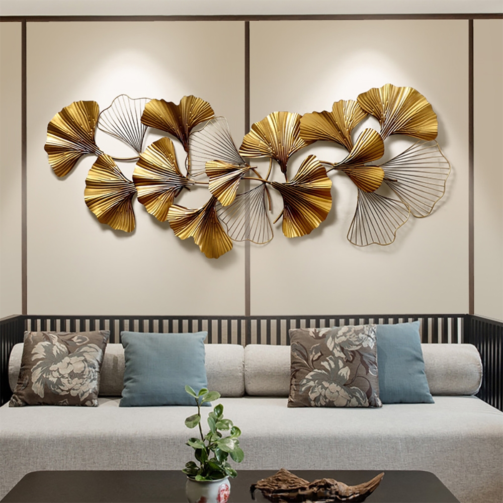 1400mm x 600mm 3D Golden Ginkgo Leaves Metal Wall Decor